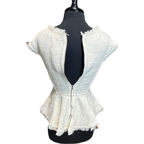 Rebecca Taylor Luxe White/Ivory Tweed & Leather Trim Peplum Top Size 4 NWT - Picture 5 of 8